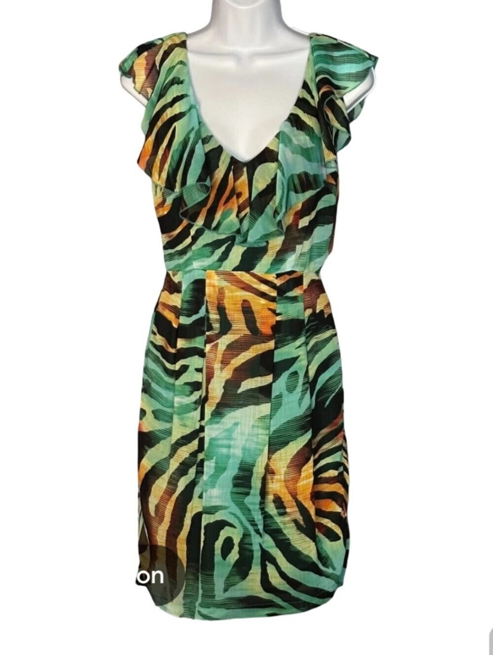 Bisou Bisou Green Animal-Print Flutter Dress Jungle Sleeeless Femine Midi Flowy